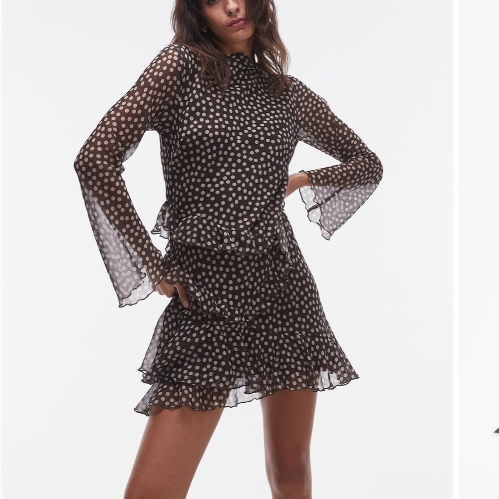 Topshop Polka Dot Ruffle Ling Sleeve Chiffon Minidress
